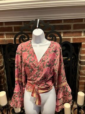 India Boutique Pink Paisley Wrap Blouse with Tie Waist fits most